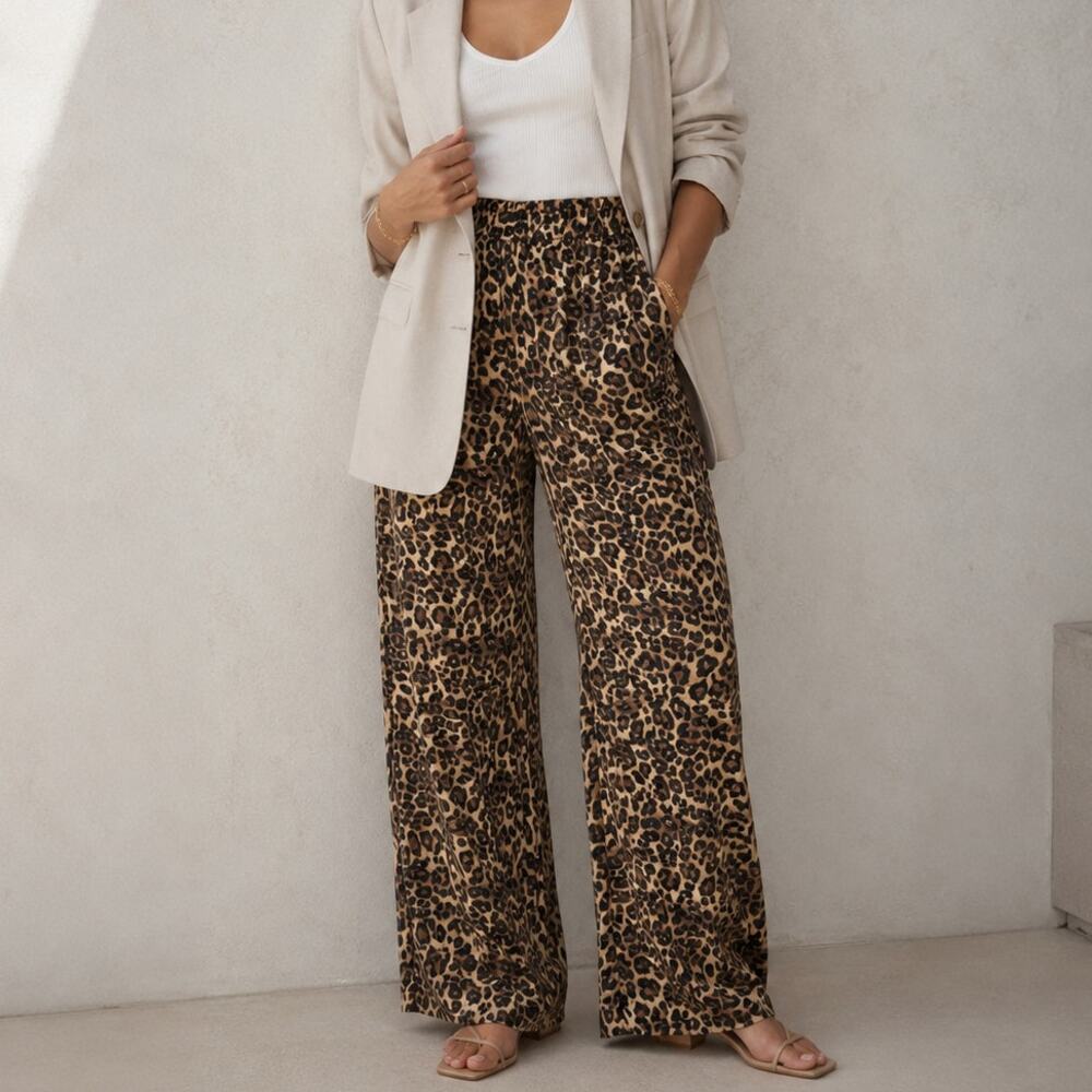 Lakbi Brown Animal Print High-rise Straight Wide Leg Flowy Pants, size S